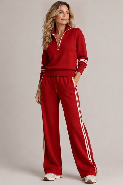 Ensemble Kate rouge, rayures ecru