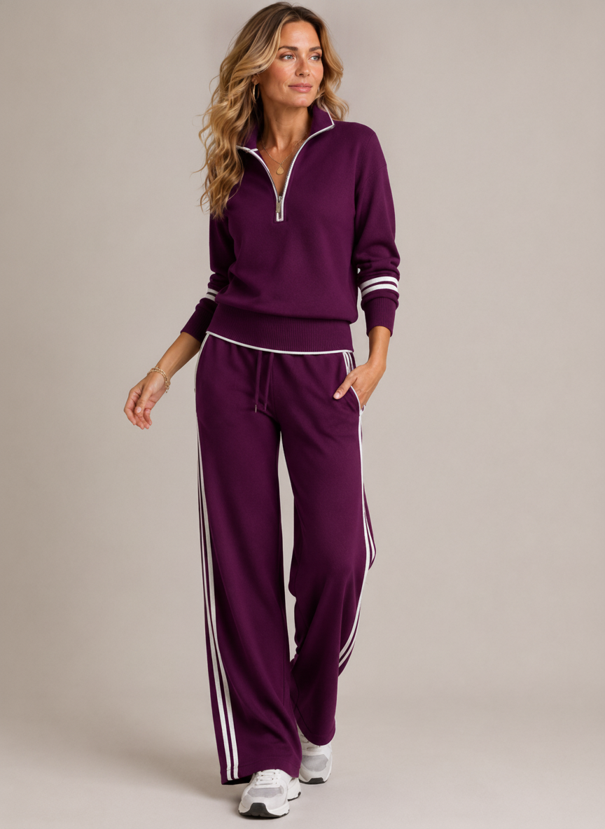 Ensemble Kate prune, pull demi-zip et pantalon large