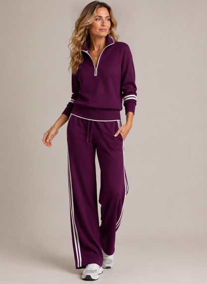 Ensemble Kate prune, pull demi-zip et pantalon large
