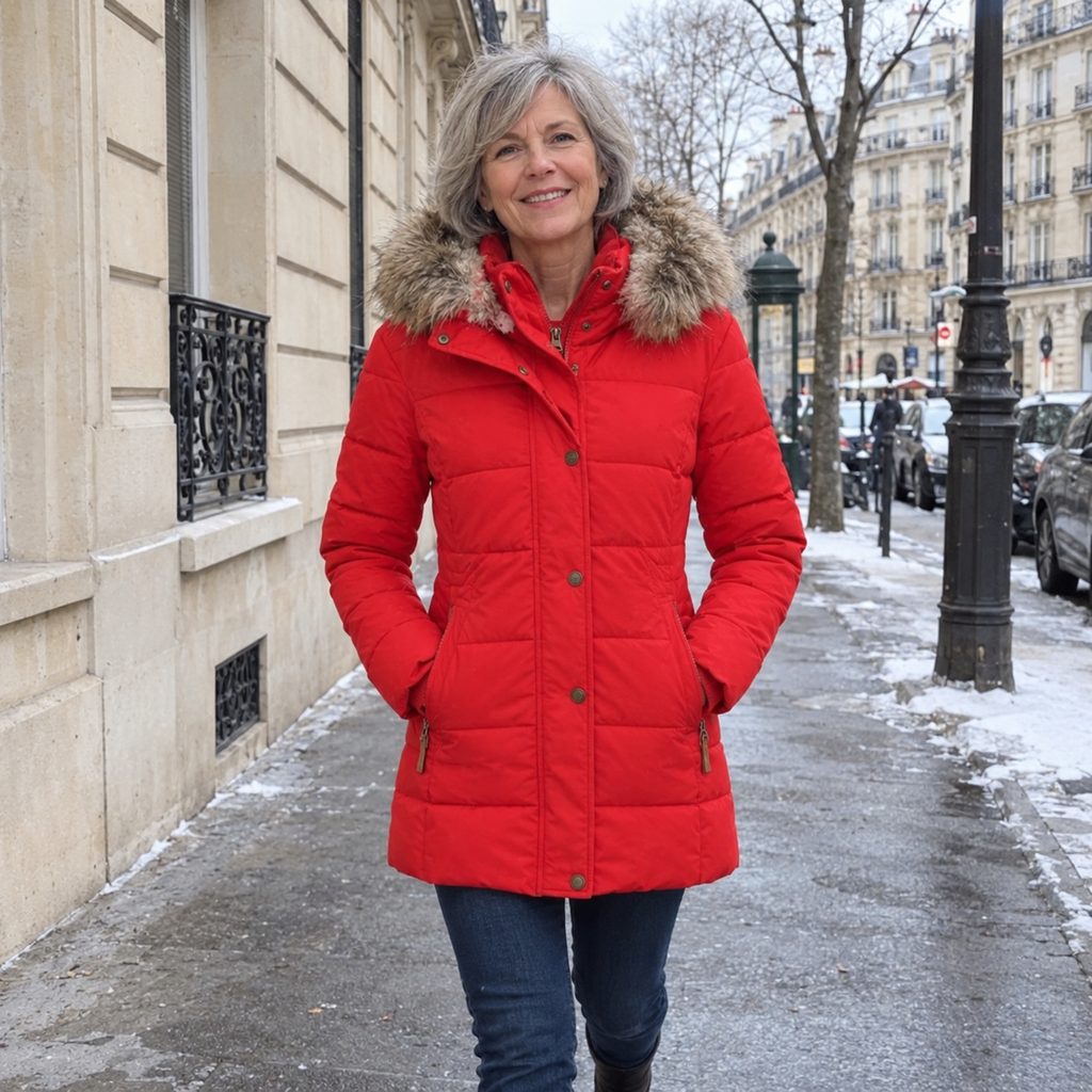 Manteau Artik Alpine Rouge Arctique porté dans une rue de Paris en hiver