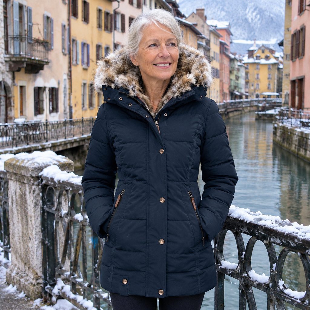 Manteau Artik Alpine Bleu Azur porté à Annecy, capuche fourrée relevée