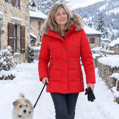 Manteau Artik Alpine Rouge Arctique porté dans un village enneigé du Jura