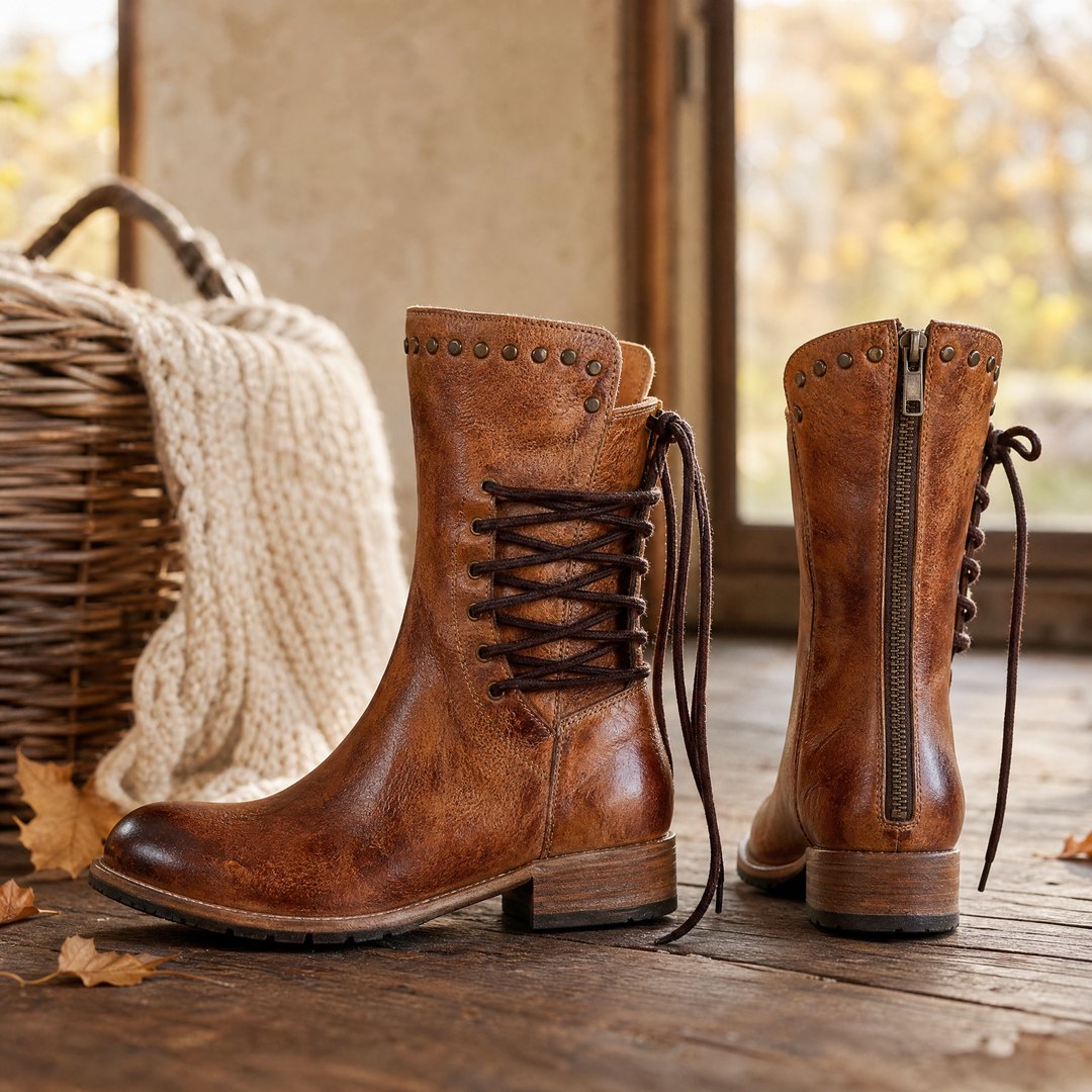 Bottes Aruna Marron Texan, col clouté et laçage sur le côté